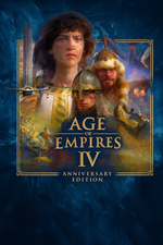 Promotional poster for 'Age of Empires IV Anniversary Edition' featuring characters from the game.