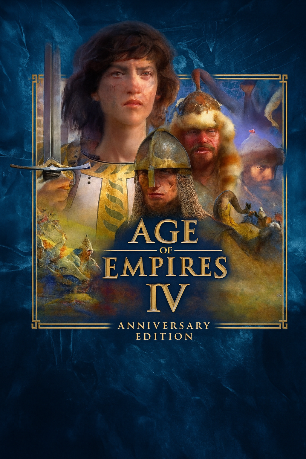Promotional poster for 'Age of Empires IV Anniversary Edition' featuring characters from the game.